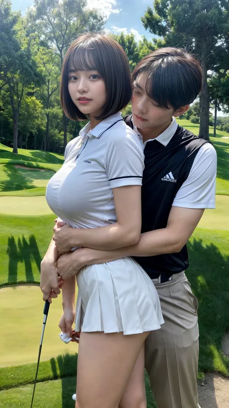 1 young office lady being hugged from back by 1 man:1.2,close to each other:1.1), (mans hand touching her breast:1.1),very cute face,bob cut,white skin-tight golf uniform,embarrassed,golf course,perfect anatomy, masterpiece, best quality,8k,perfect face,fr...