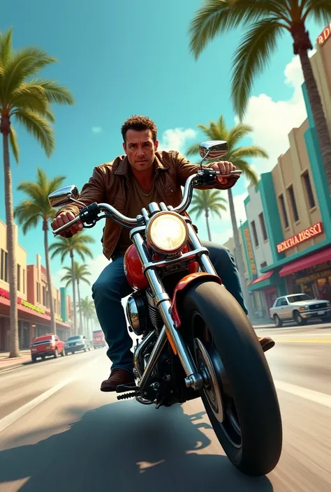 Miami Beach Man in a motorcycle, street raising, front face, 