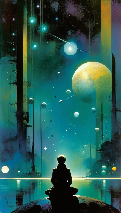 futuristic world, calm, night, moons, stars, art inspired by Bill Sienkiewicz and Dave McKean
