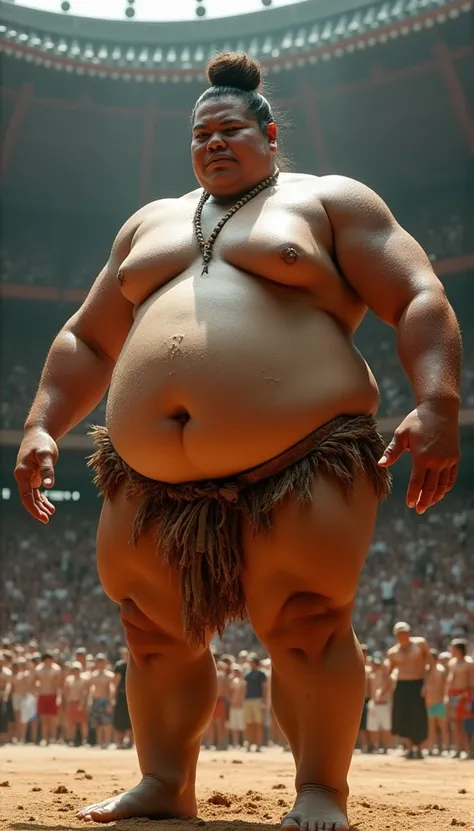 (sweat steam:1.4),Huge body,Height 2m50cm Weight 250kg,Realistic busty 25yo　Hawaiian  woman,(sexy sumo wrestling:1.2),ultimate form,8k,at sumo ring,fundoshi,bra,in Ryogoku Kokugikan