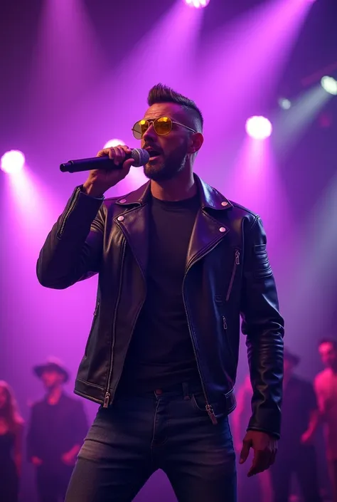 Handsome man crew cut hair wearing yellow sunglasses, leather jacket and jeans, singing on the stage, purple spotlight, karaoke party 