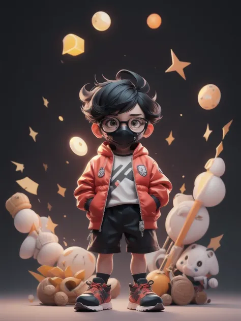 一人in,Looking_in_Audience,green_eye,Simple_background,shirt,black_Short Hair＿Pointy,One person,black、Glasses、blackhair,Are standing,赤Jacket,full_body,male_concentrated,Multicolor_blackhair,shoes,Shorts,mask,black_Seven-minute length pants,ring,spike_hair,bl...