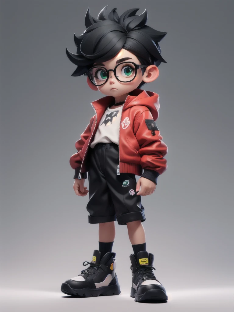 一人in,Looking_in_Audience,green_eye,Simple_background,shirt,black_Short Hair＿Pointy,One person,black、Glasses、blackhair,Are standing,赤Jacket,full_body,male_concentrated,Multicolor_blackhair,shoes,Shorts,mask,black_Seven-minute length pants,ring,spike_hair,bl...