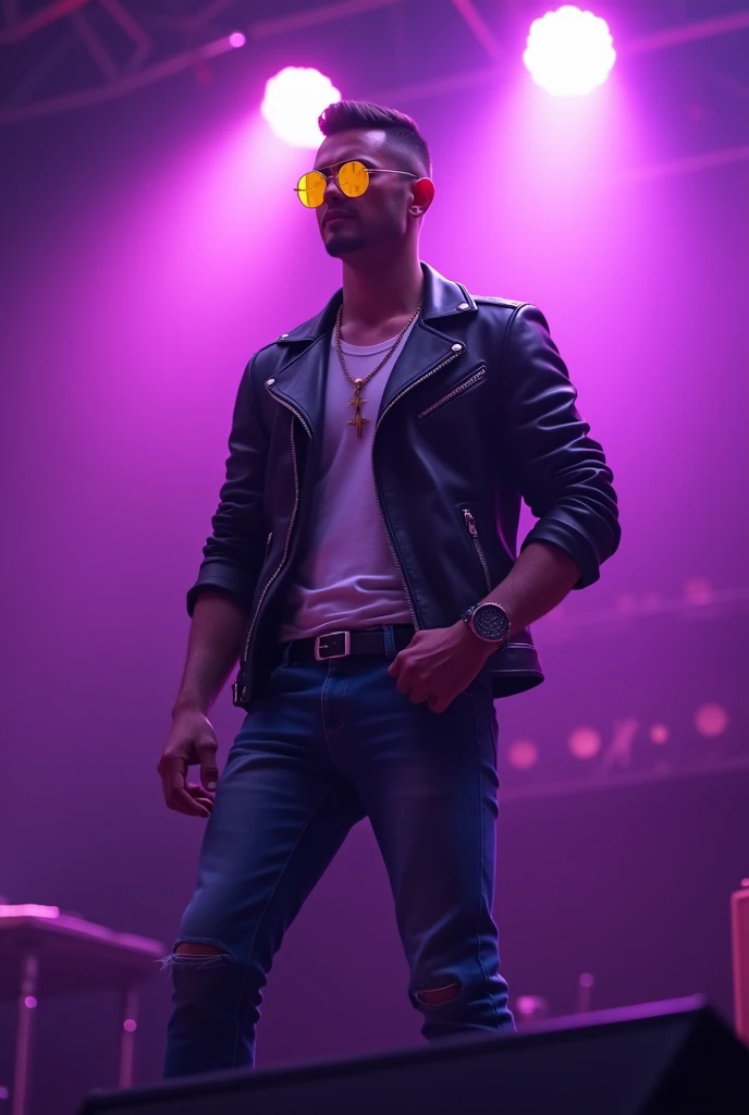 Handsome man crew cut hair wearing yellow sunglasses, leather jacket and jeans, singing on the stage, purple spotlight, karaoke party 