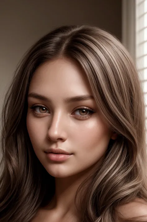 A hyper-realistic portrait of a woman in her mid-20s with flawless, smooth skin and a natural complexion. She has long, flowing hair that is either straight or slightly wavy, with natural highlights. Her eyes are expressive, with defined lashes and a soft,...