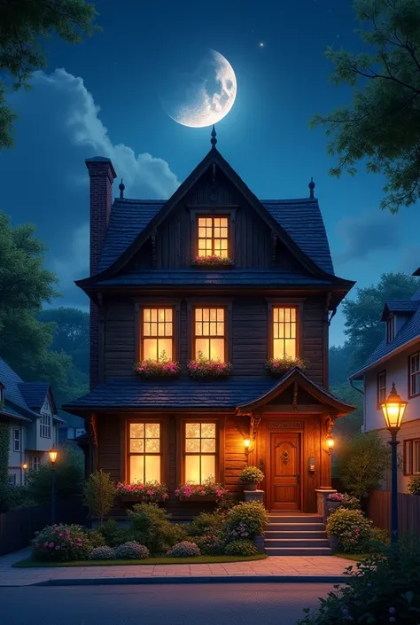 A wooden 2 Floors House, Night Time, in Street