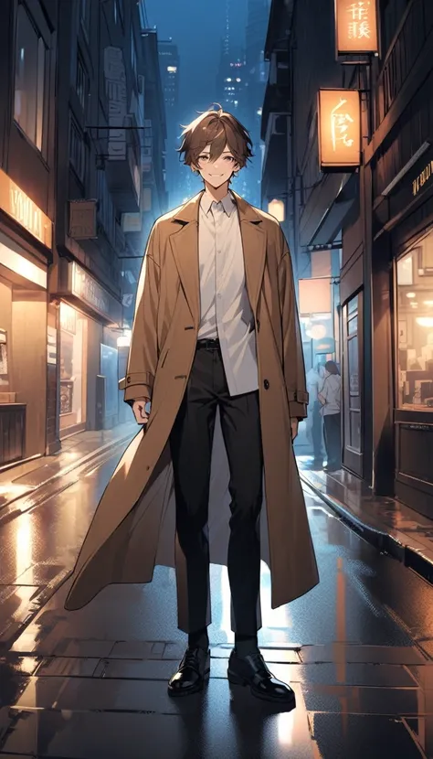 A smiling man. 20 years old. brown hair. White collared shirt. brown coat. Black pants that hit the ankles. Im standing alone in the street. night. front.