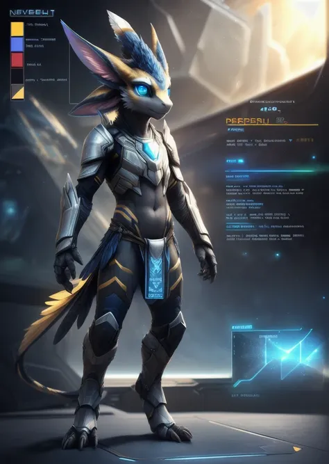 [(by Null-Ghost, by Snowskau, by Spectrumshift, by Wildering)::0.7],
((model sheet, reference sheet, interface, game screen, clear text)),
solo (chibi ((avali) dim yellow black body, feather), sci-fi powered armor, loincloth),
(cyber space, virtual world, ...