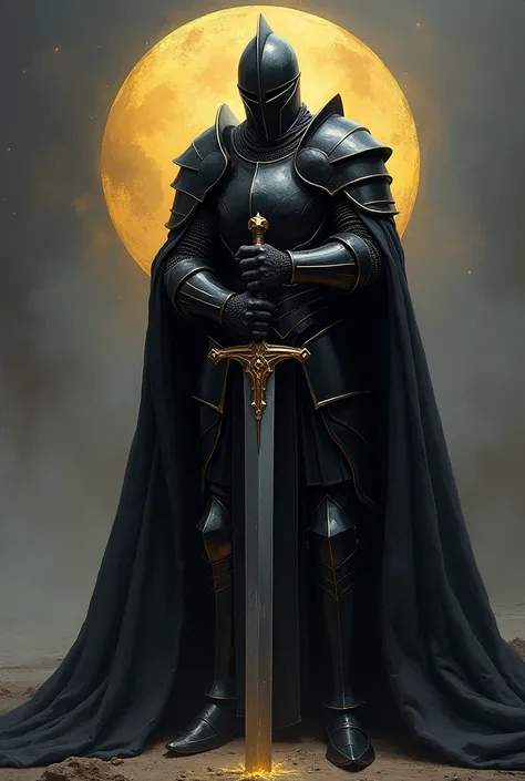 Black Knight,Knight in black armor,Stab the two-handed sword into the ground,Hold the hilt of the sword with both hands,Black Cape,Otherworldly Armor,Gold color line