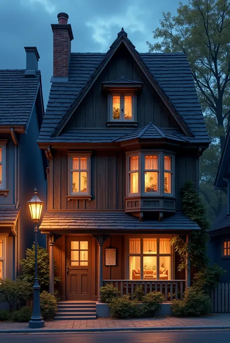 A wooden 2 Floors House, Night Time, in city Street