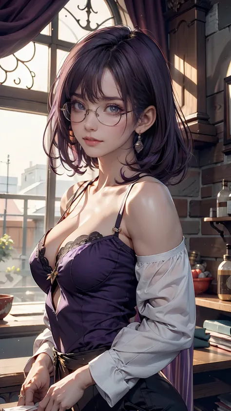 One person, Mature Woman, masterpiece, spouse, goddess,short hair ,((Purple Hair)),Glasses