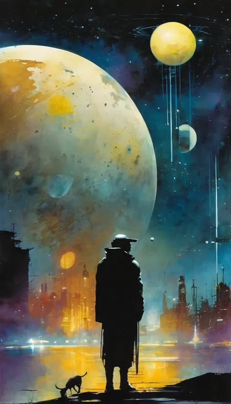 futuristic world, calm, night, moons, stars, art inspired by Bill Sienkiewicz and Dave McKean
