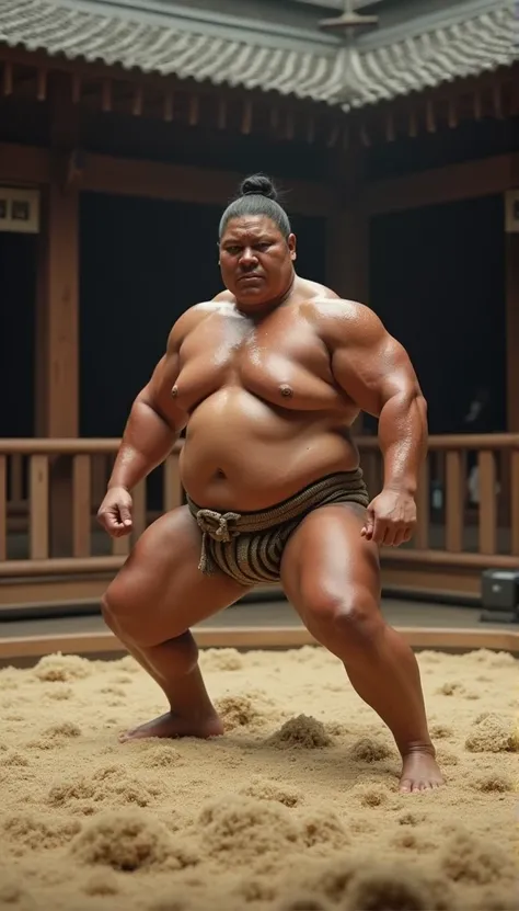 sfw,Realistic busty 40yo mature woman,(sumo wrestling:1.2),ultimate form,8k,at sumo ring