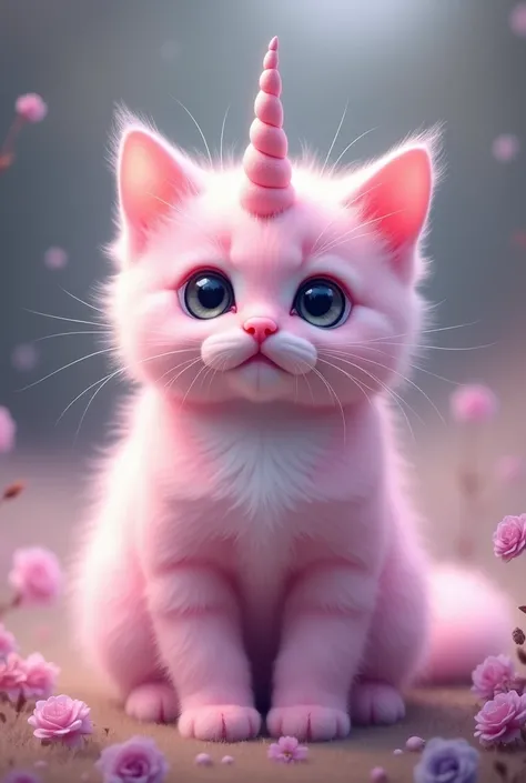 Beautiful pink kitty with a unicorn horn, fluffy and with black eyes