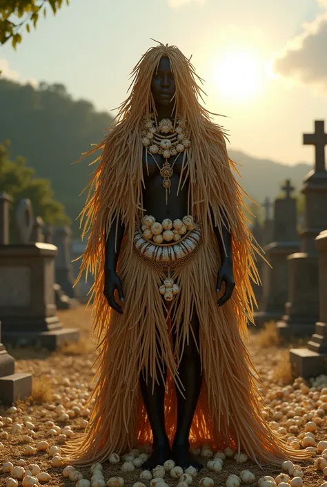 Create an image of the orixa Obaluaiê in the cemetery, covered in straw from the coast covering face and body, and popcorn and shells decorating . 
Bright sun in the background and real popcorn on the floor.