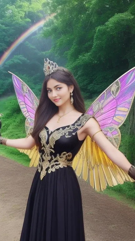 Professional , ​masterpiece、top-quality、photos realistic , depth of fields （Gemstone Gold Metal Body:1.９),(Matte Black、Jewel Gold Weapon、（Gorgeous castle background）、（ultimate beauty girl）、（Rainbow fairy wings grow）、Particles of light、（Metal body of irides...