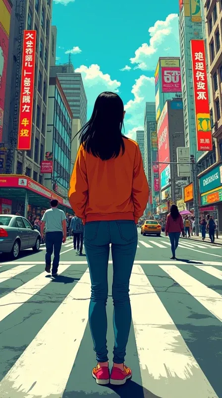 A woman standing at a scramble crossing、20th Generation、Black Hair、Hair is semi-long、Daytime、American comic style