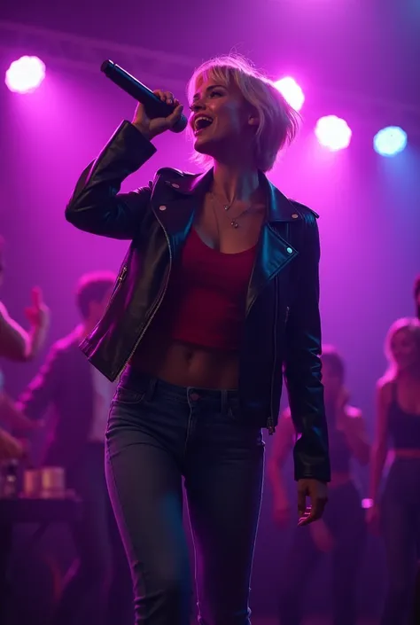 Beautiful woman short hair wearing leather jacket and jeans, singing on the stage, purple spotlight on the background, karaoke party atmosphere 