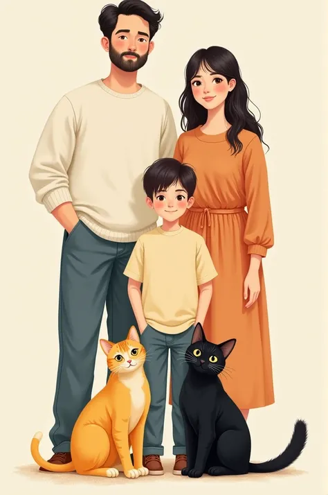 family photo of two adults one son one yellow cat and one black cat drawing