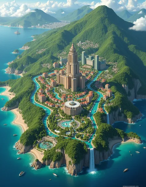 A super large map illustrated of a town on an island, forest and a hotel spa resort, multiple rivers and falls