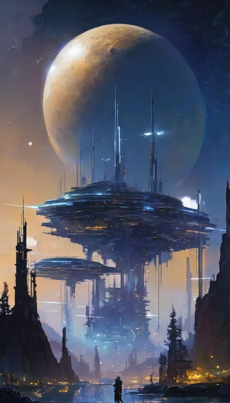 futuristic world, calm, night, moons, stars, art inspired by Wadim Kashin
