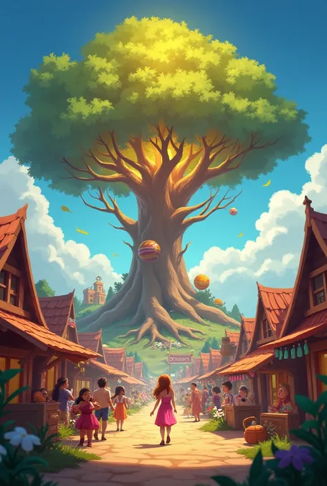 A vibrant and happy village scene with the Magic Tree glowing in the background. The village is bustling with joyful activities and a sense of harmony, showcasing the positive change.