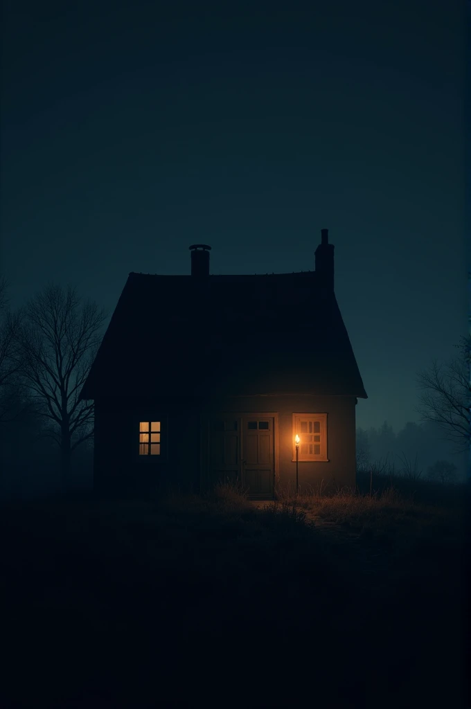 An outside shot of the house in the dark night, with the faint glow of a candle burning inside