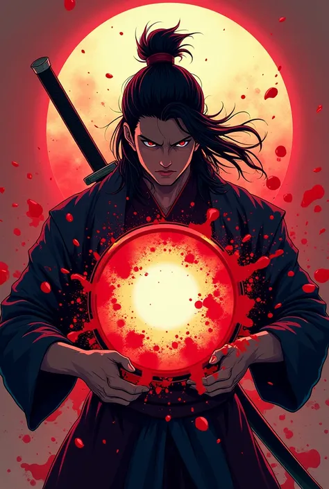 "Create a logo for Mr. Anime Slayer featuring a circular design with vibrant, bright colors. The circle should have dramatic blood splatters around it to give a dynamic and intense feel. Incorporate a samurai figure holding this logo, showcasing strength a...