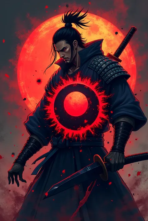 "Create a logo for Mr. Anime Slayer featuring a circular design with vibrant, bright colors. The circle should have dramatic blood splatters around it to give a dynamic and intense feel. Incorporate a samurai figure holding this logo, showcasing strength a...