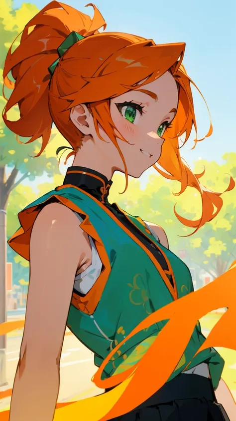 masterpiece、Highest quality、1 person、anime painting、Orange Hair、Beautiful green eyes、Side Ponytail、Colorful ethnic patterned sleeveless shirt、Black Skirt、Upper body close-up、profile、smile、Cinema Lighting、Street tree background、Sharp contours