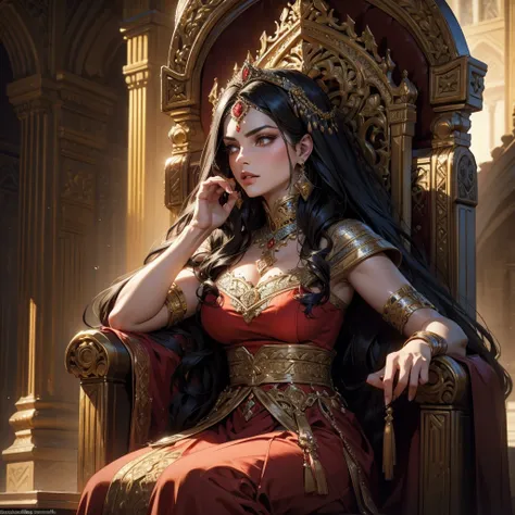 a 14th century Persian princess wearing a fully red sharara, long wavy black hair, sitting on a throne, (best quality,4k,8k,highres,masterpiece:1.2),ultra-detailed,(realistic,photorealistic,photo-realistic:1.37),extremely detailed face and eyes,detailed li...