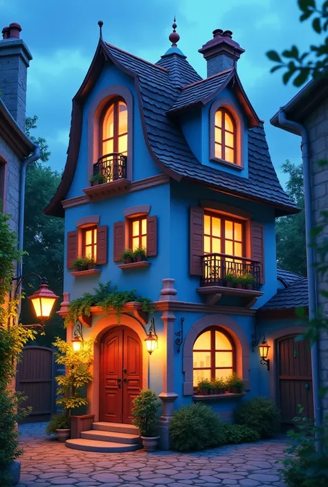 A 2 Floors House with balcony, Night Time, In France, Like Doraemon, Camera Angle little left,  Colors