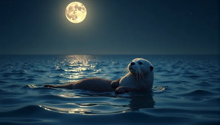 Sea otter floating in the ocean，moon，night，Beautiful sea，backstroke