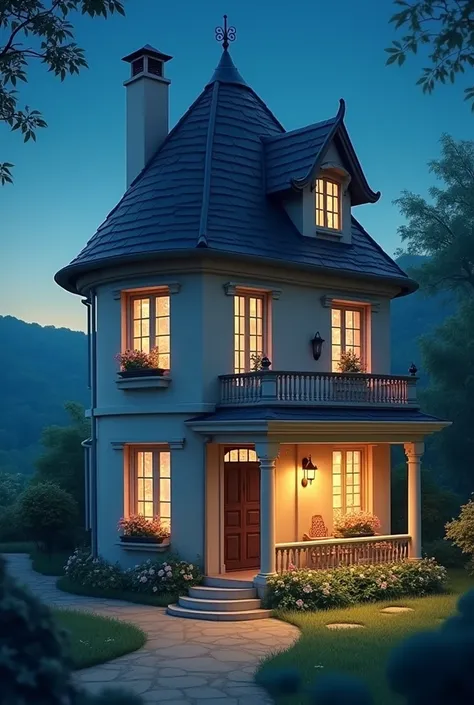 A 2 Floors House with balcony, Night Time, In France, Like Doraemon, Camera Angle little left, Soft Colors