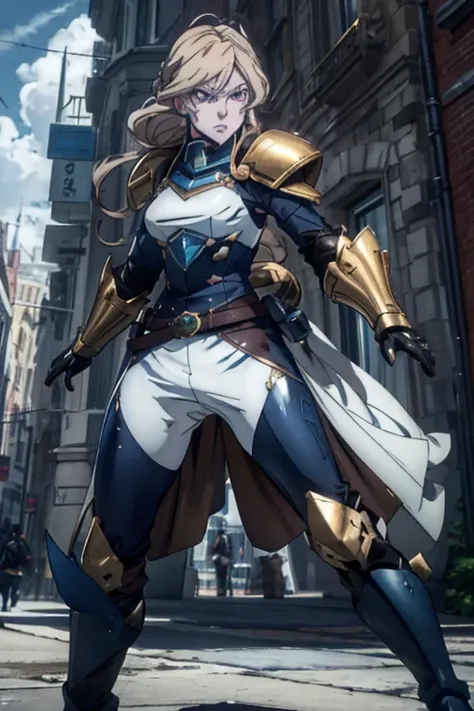 A full-body portrait of a young woman in anime style, with long, light blonde hair, framed by a white mantle adorned with golden details. She has intense blue eyes and wears a form-fitting blue armor with intricate engravings of leaves and flowers, and gol...