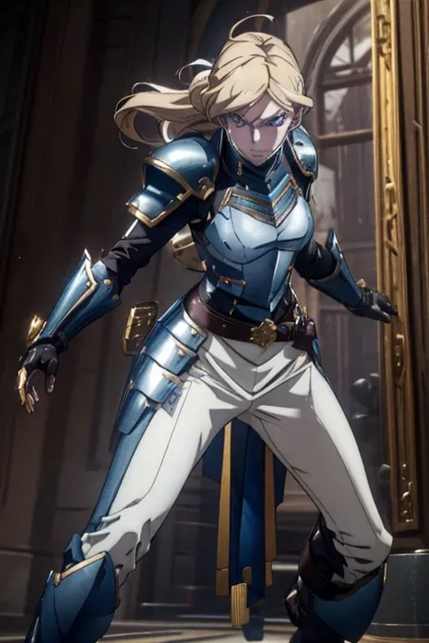 A full-body portrait of a young woman in anime style, with long, light blonde hair, framed by a white mantle adorned with golden details. She has intense blue eyes and wears a form-fitting blue armor with intricate engravings of leaves and flowers, and gol...