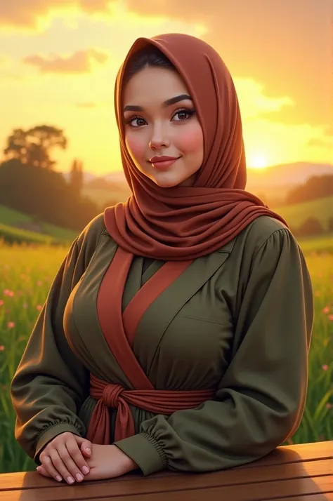 ( Close Up),RAW, Best quality, high resolution, works: 1.3), Beautiful Malay woman in hijab, Masterpiece, fit body, big breasts, beautiful big eyes, Soft smile, beautiful face, woman sitting at a table in a green meadow, traditional beauty, moment sunset, ...