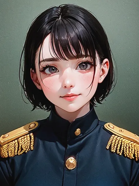 (highest resolution, distinct_image) Best quality, One человек, one woman, One, masterpiece, very detailed, semi-realistic, black short hair, black hair, bang, 18 years, mature, light blue military uniform, military uniform, Indoor background, Gentle, Auth...