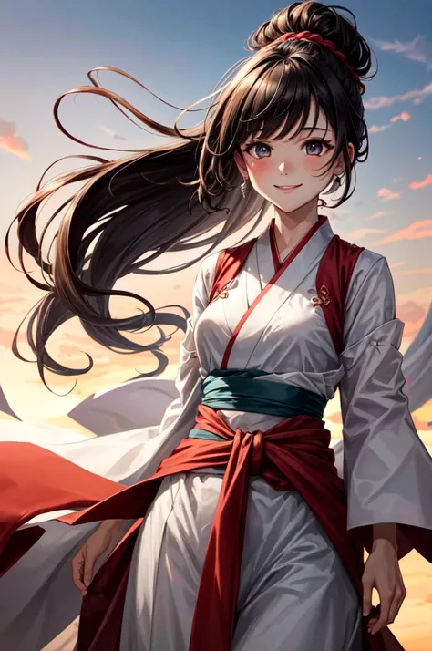 １People Women, Commoner woman, smile, Old Hanfu, Tight waist, Long hair that reaches down to the waist, Hair blowing in the wind, Her presence itself is captivating., Three Kingdoms, cinematic lighting, cowboy shot, UHD, retina, masterpiece, accurate, anat...