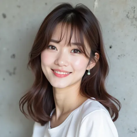 Natural Makeup、Beautiful woman、Japanese、Brown hair color、semi-long、The tip is tapered.、Earrings、White tops、Body slanted camera angle、smile、Thready hair、Simple concrete background、Cute and beautiful person