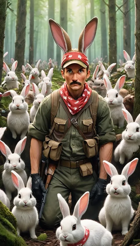 "a comical scene of the leader in hunting gear, looking bewildered as a horde of animated, mischievous rabbits, wearing tiny ban...