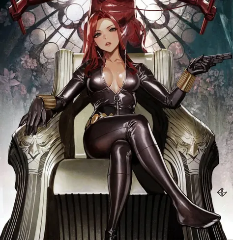 the image depicts a red-haired girl sitting on a throne. she sports a sleek skin-tight shiny black latex bodysuit with a deep-cu...