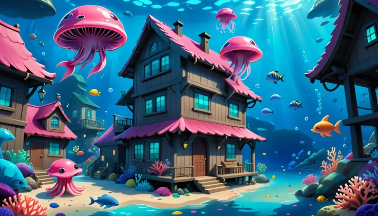 Hyper-realistic digital painting of a quaint underwater village encrusted with coral and seashells. Small, dome-shaped homes made from natural materials blend seamlessly with the marine environment. A cartoon chibi adorable kawaii pink dolphin with big blu...