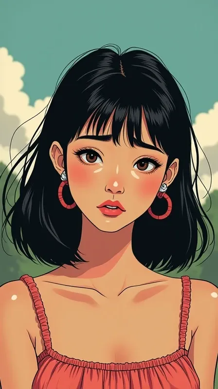 20th Generation、Cute Dress、Looking straight ahead with an anxious expression、Black Hair、Hair is shoulder length、Close-up of face、Daytime、American comic style