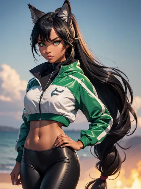 (best quality), 1girl, female, tanned skin, black hair, high ponytail, side swept bangs, long hair, green eyes, perfect eyes, running jacket, leggings, (wolf ears), smug, masterpiece, anatomically correct, highres
