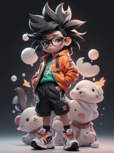 一人in,Looking_in_Audience,green_eye,Simple_,background,shirt,((black＿Mohawk)),One person,black、Glasses、blackhair,Are standing,赤Jacket,full_body,male_concentrated,Multicolor_blackhair,shoes,Shorts,mask,black_Seven-minute length pants,ring,spike_hair,black_ba...