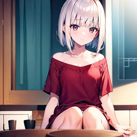 (girl)(white short hair)(red eyes)(eatting dinner in home)4K