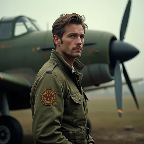 A man wearing a green pilot jacket . He is positioned outdoors, with a vintage aircraft in the background. The aircraft has a blank round embroidered patch on the upper sleeve. The man appears to be looking off into the distance,