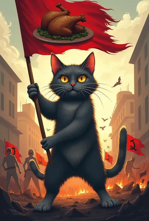 A gray cat with white paws leading a revolution while holding a flag with the image of a roasted chicken amidst the chaos.