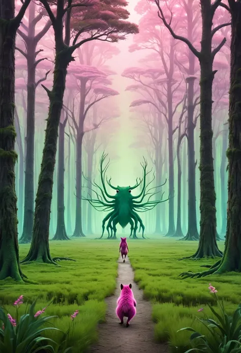 A pink haze obscures the horizon, green trees line up in rows in the distance, a sparse growth, A giant six-legged monster, walks across the shimmering swamp and catches running ground squirrels